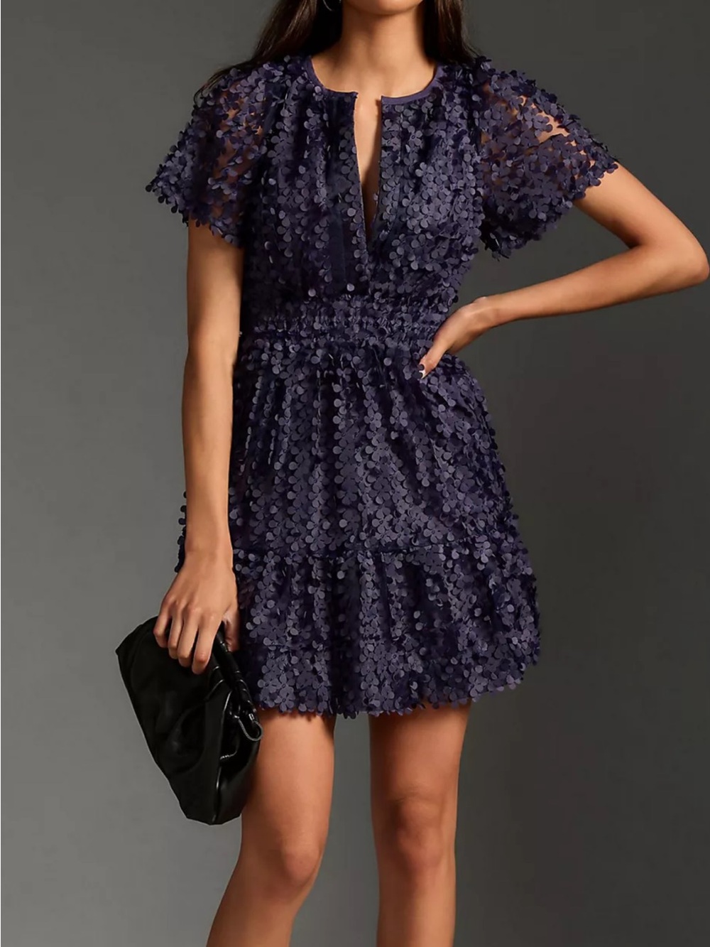 Anthropologie Somerset Navy Mini Dress-floral appliqué edition